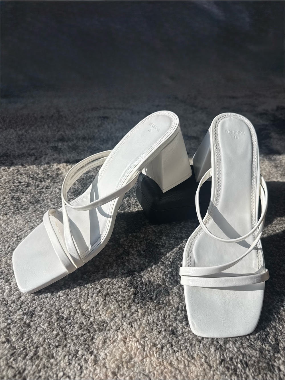 Bershka White Strappy Square-Toe Block Heel Mules